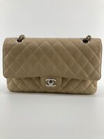 Authentic CHANEL BEIGE QUILTED LAMBSKIN DOUBLE FLAP BAG MEDIUM 06-08