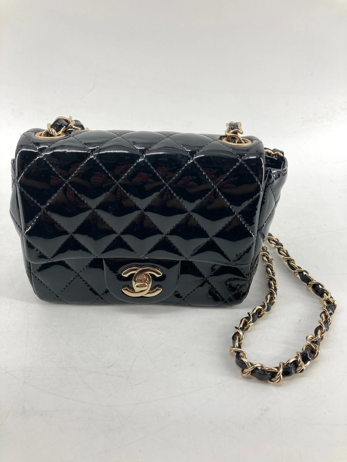 Chanel Square Classic Single Flap Bag Quilted Patent Mini Black