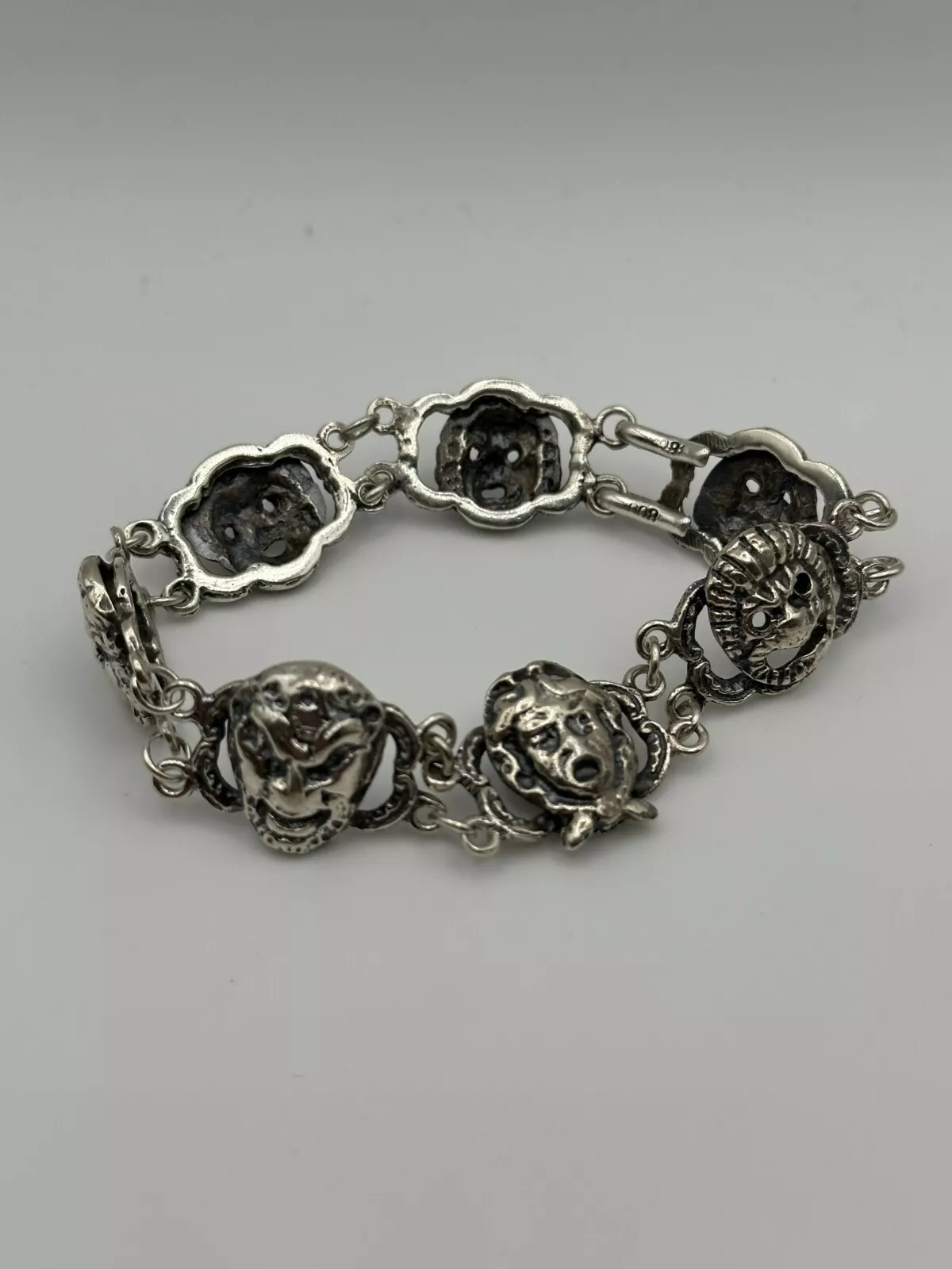 925 Silver Greek Theater Masks Bracelet 7in 28.7g