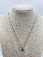 14KT White Gold Wheat Link Necklace with Blue Topaz Pendant 16in 4.1g