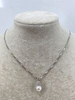 14KT White Gold Box Chain Necklace with Pearl and Diamonds Pendant 17in 3.6g