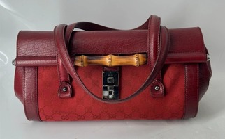 GUCCI GG Canvas Bamboo Shoulder Bag Red Silver Authentic
