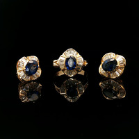 14K Yellow Gold Sapphire and Diamond Ring and Earring Set