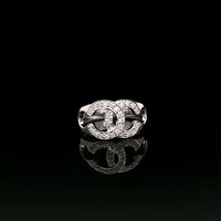 14KT White Gold Ring with Double "C" .13 CTTW Diamond - Size 6.5