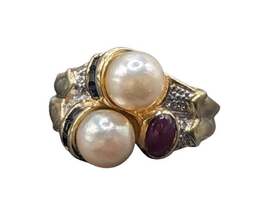  Multi-Gemstone Ladies Diamond Pearl & Ruby/Sapphire Ring