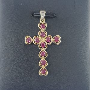  Cross Charm With Ruby Hearts 