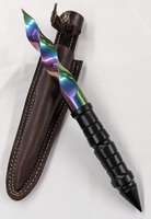Handmade Damascus Steel Cyclone Tri-Edged Spiraling Dagger w/ Leather Sheath