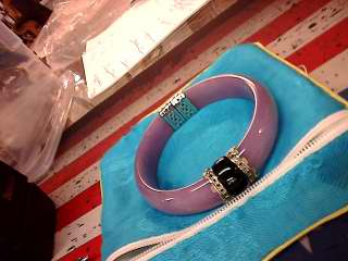 Hinged sterling, lavender jade and black onyx bangle bracelet