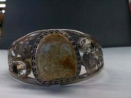 Sterling Silver Bracelet with Coral Fossil & Quartz Gemstones