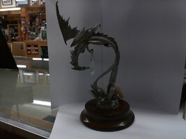 James Lane Casey Pewter Dragon Figurine Holding Crystal, 9" on Wood Base