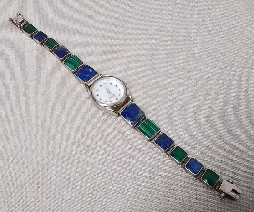 Vintage 925 Sterling Malachite & Lapis Women's Watch Japan Mov't