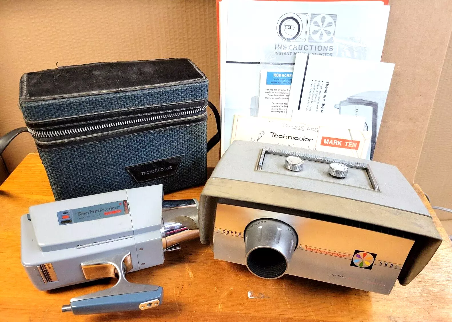 Super Technicolor 580 Instant Movie Film Projector, Mark 10 8mm Camera & Papers