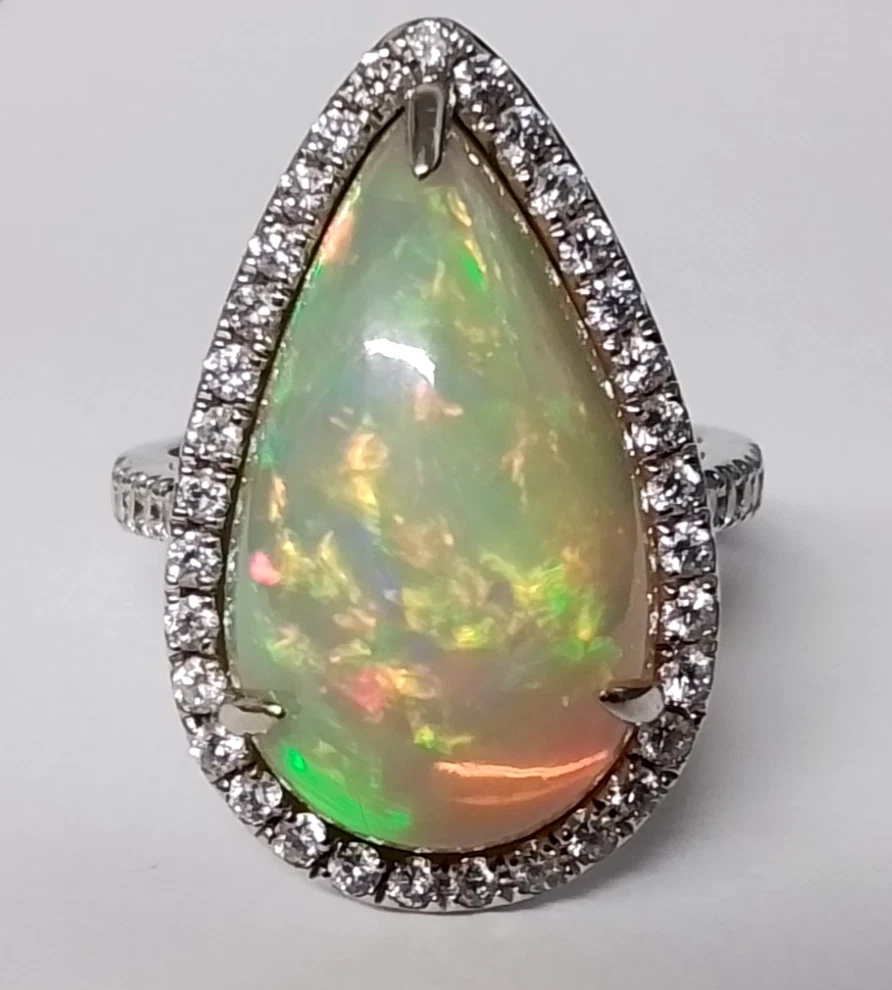 14K White Gold 6.70gms Large Teardrop Ethiopian Opal Surrounded by Diamonds