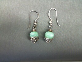  GREEN AND WHITE BEAD VINTAGE SILVER  DANGLE EARRINGS