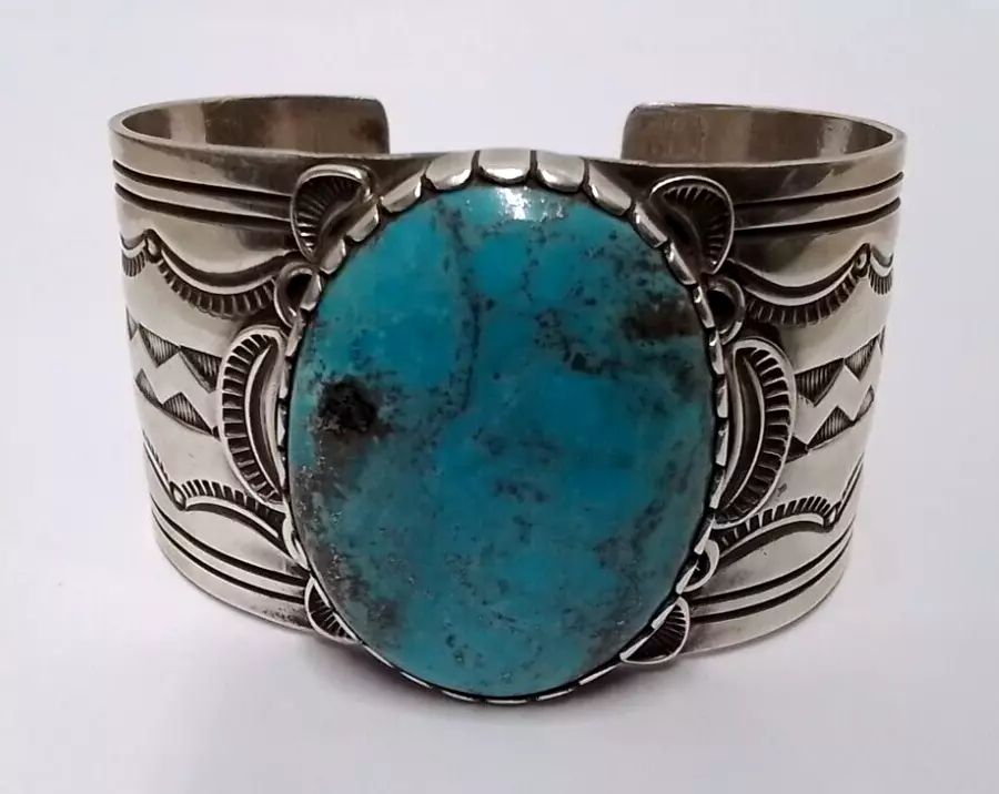 Navajo Gilbert Platero Turquoise Wide Cuff Bracelet Sterling Silver