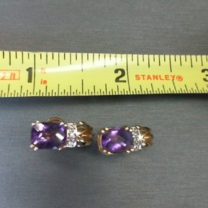 . . 14K YELLOW GOLD WITH CUSHION CUT AMETHYST AND DIAMOND EARRINGS