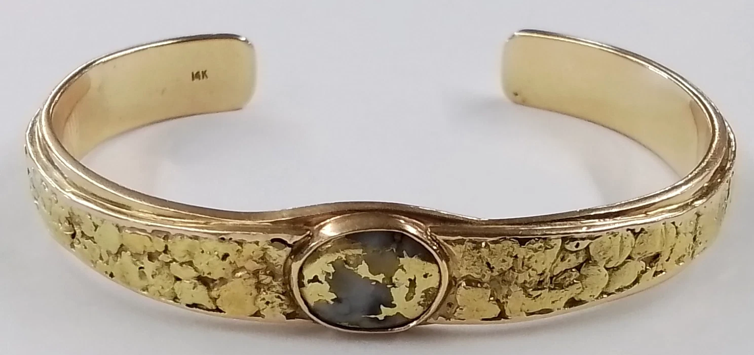 14k Yellow Gold Cuff Bracelet w/ Nuggets (18K) & Quartz with Gold Inset - 34.9G