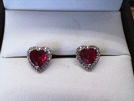  STERLING POST EARRINGS WITH HEART SHAPED RED STONES SURROUNDED BY DIAMOND CHIPS