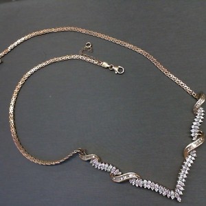  Gold 14kt 13.60gms V-Front Pave Diamond Necklace with Fance Braided Chain