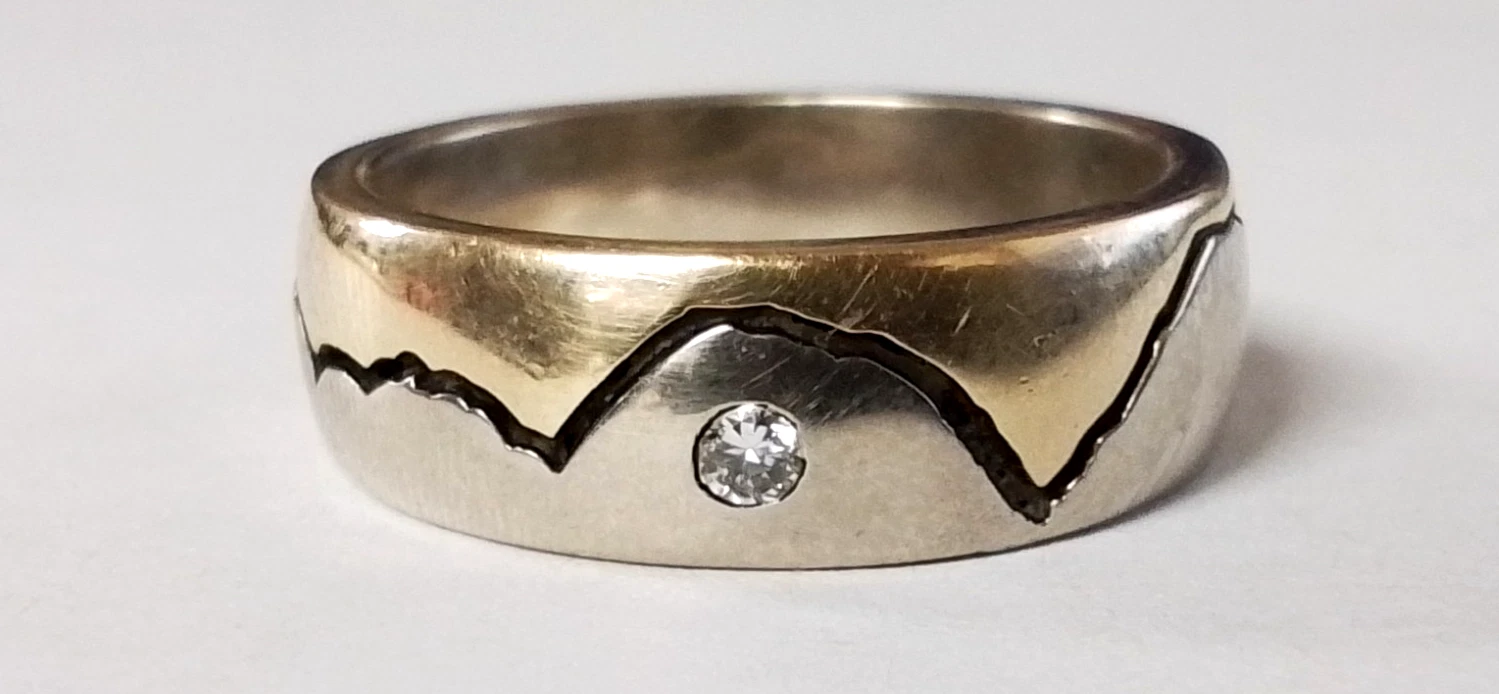 12k Yellow And White Gold Custom Mountain Design Diamond Band - Size 8.5