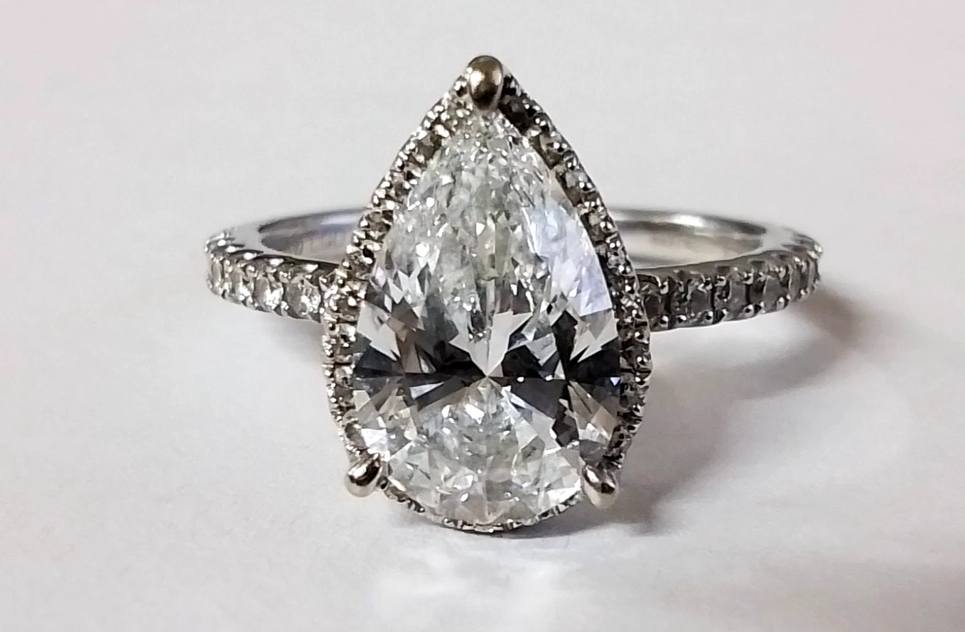  14K WHITE GOLD WITH LAB CREATED 1.50 TEARDROP CENTER DIAMOND IN HALO SETTING