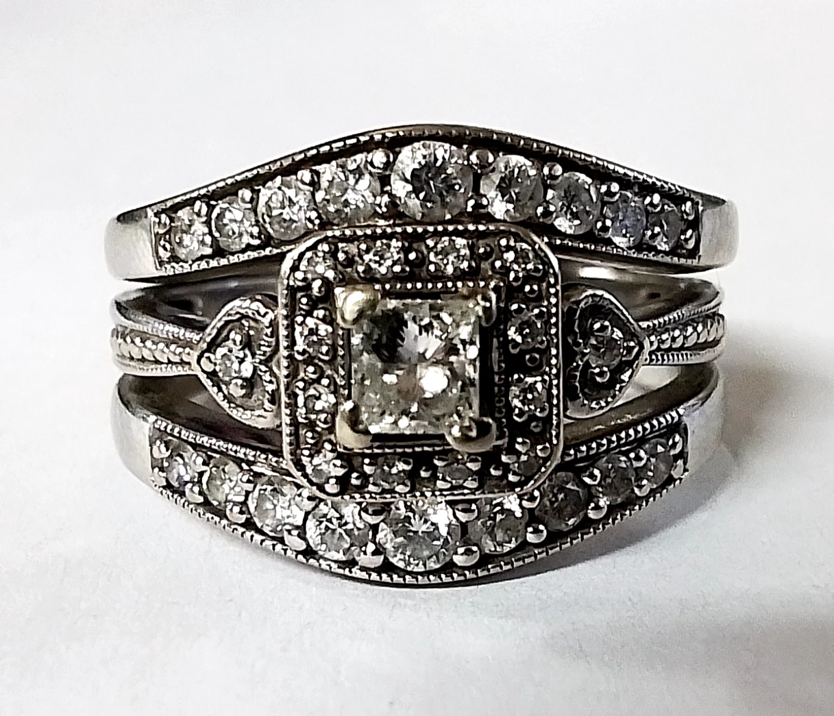  14k White Gold Diamond Cluster Engagement Set Ring Princess Cut - Size 8 - 8.5g