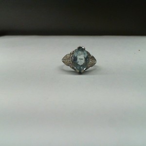 Vintage White Gold 18kt Filigree 2.40gms Ring with Marquis Aquamarine, Size 5.75