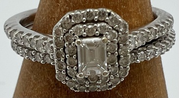 14kt White Gold Ring Set w/ Emerald Cut Halo Setting .15 Center Diamond