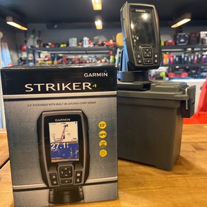 GARMIN STRIKER 4 W/ MOUNTS, TRANSDUCER AND BATTERY INSIDE PLASTIC AMMO CAN