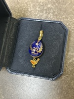 Faberge 18K Gold Diamond & Blue Enamel Rooster Dangling Egg Pendant 160/500