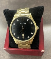 Bulova Diamond Black Dial Gold Tone Men’s Watch 97D108 – Quartz – 7.5”