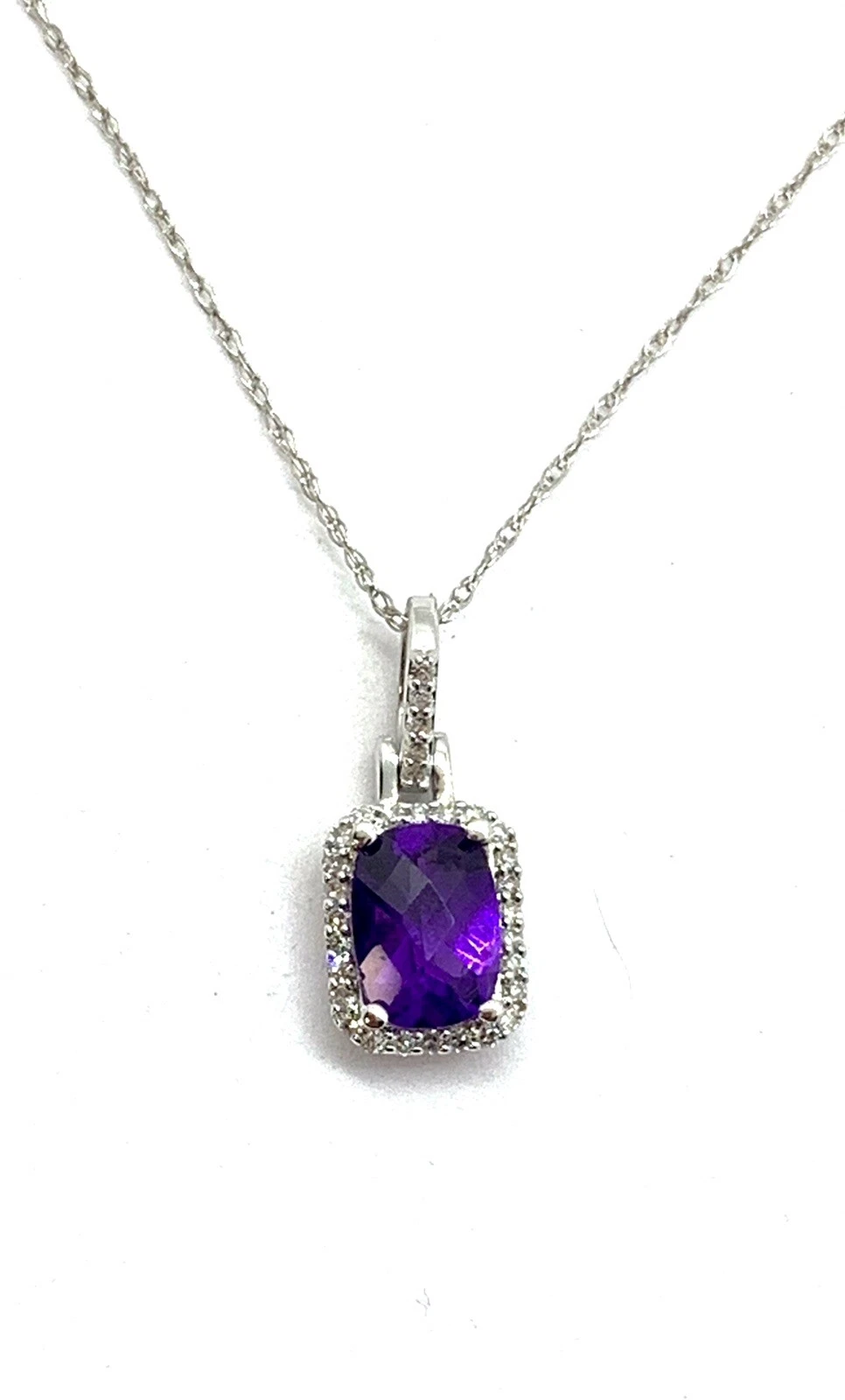 New 14K White Gold Halo Natural Amethyst Pendant Necklace
