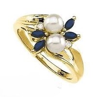  14K Yellow Gold Akoya Cultured Pearl & Genuine Sapphire Ring Size 9