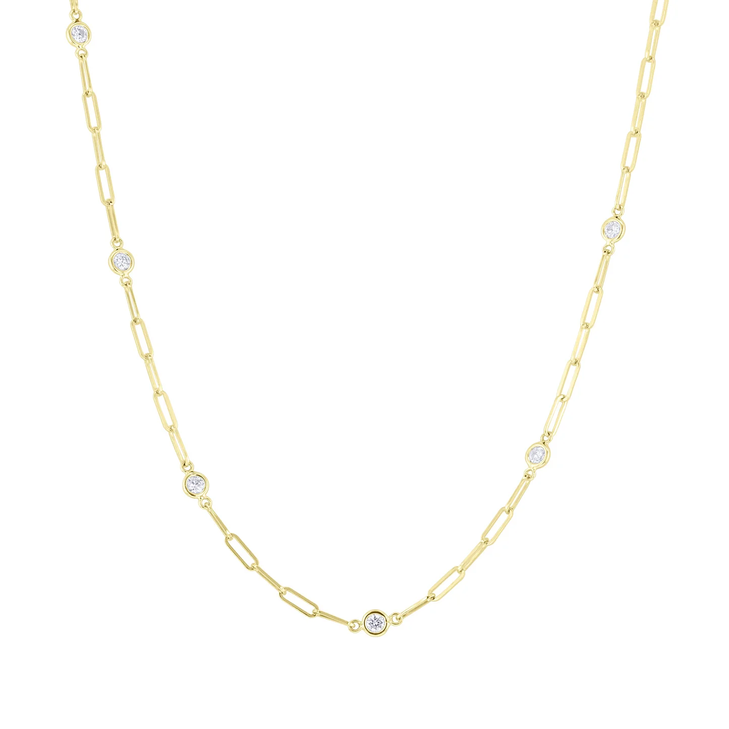  New 14K Yellow Gold Paper Clip and Bezel Diamond Necklace