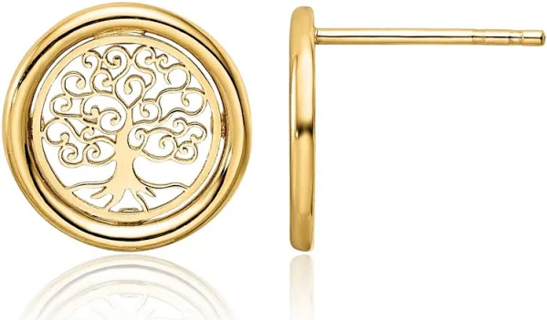 New 14K Yellow Gold Tree of Life Stud Earrings