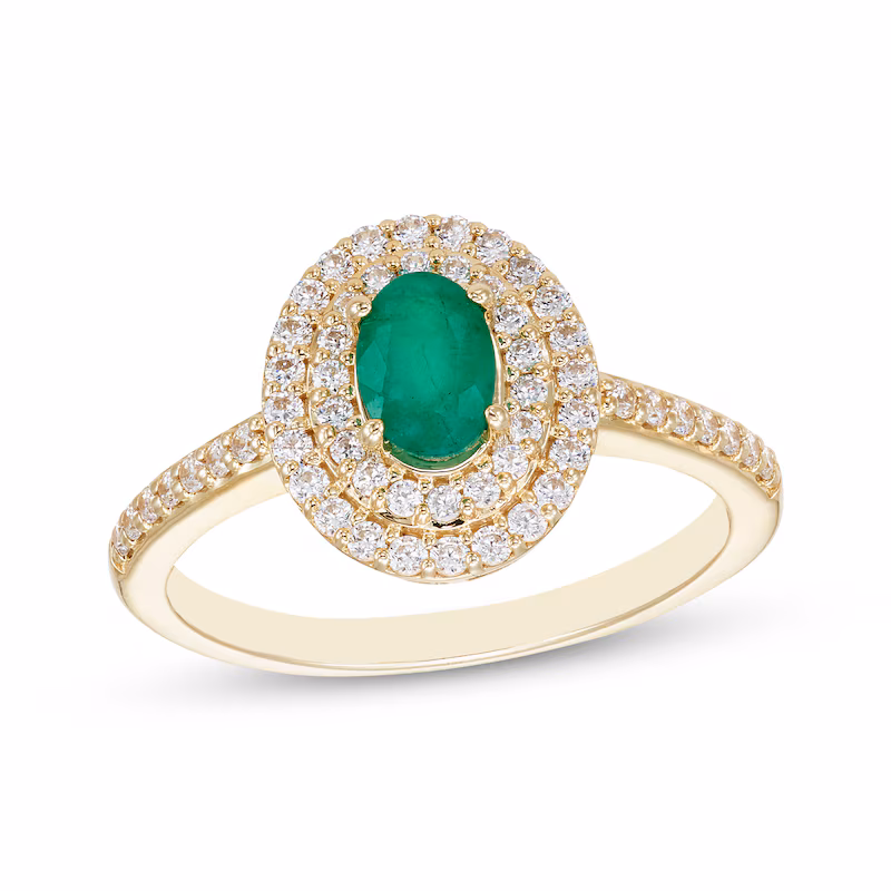 NEW 14K Yellow Gold Double Halo Oval Emerald Center Stone Ring