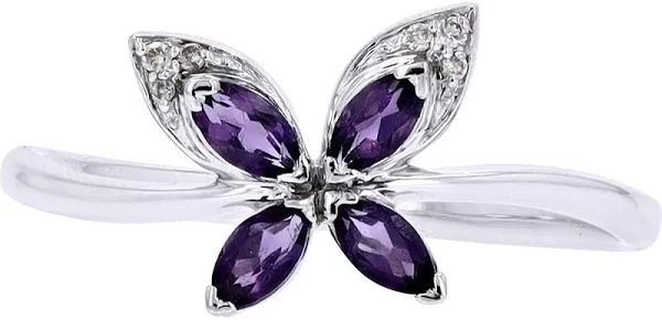  New 10K White Gold Diamond and Amethyst Butterfly Ring