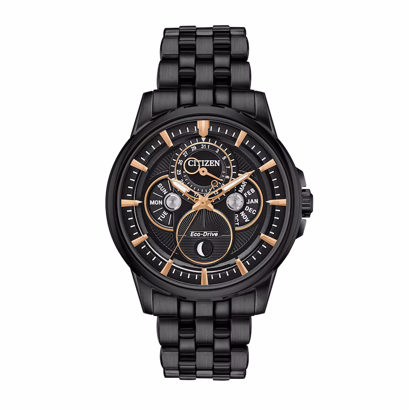 Men's Citizen Eco-Drive® Calendrier Black IP Chronograph Watch with Black Dial