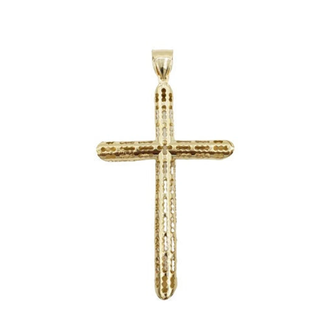  New 10K Yellow Gold Diamond Cut Hollow Cross