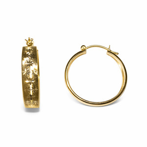 10K Yellow Gold Textured Star Hoop Earrings 