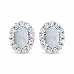 14K White Gold Diamond Halo Oval Opal Earrings