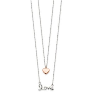  Sterling Silver Rose-Tone LOVE and Heart Necklace