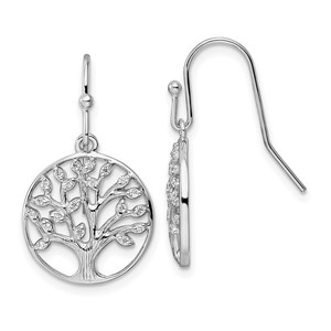  Sterling Silver Rhodium Plated With CZ Tree of Life Dangle Earrings 