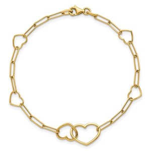  14K Yellow Gold Polished Heart Paper Clip Bracelet 