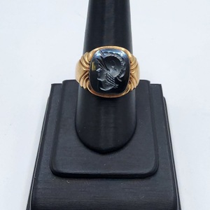 Gold Black Onyx Signet Ring w/ Warrior Bust