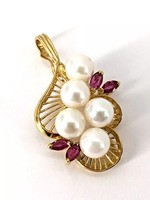 14KT Yellow Gold 5.12g 5 Pearls & 4 Ruby Stones Pendant Brooch Pin