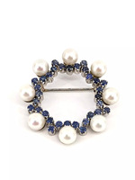 18KT White Gold 7.34g 8 Pearls & Sapphires Brooch