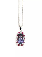 14KT White Gold 6.25g Tanzanite, Rubies, & Diamonds Pendant with Box Chain
