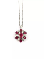 14KT White Gold 8.83g 7 Ruby Stones & 13 Diamonds Pendant & Chain, 1cttw Approx.