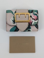 Authentic Burberry pink floral print calfskin wallet with buckle